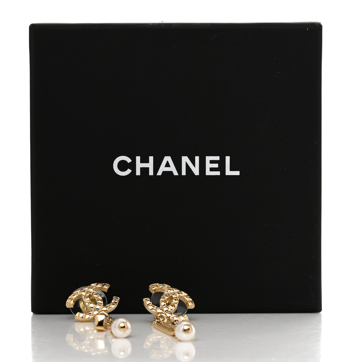Chanel Crystal Pearl Quilted CC Chain Drop Earrings Gold 5 of 5
