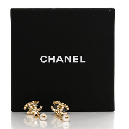 Chanel Crystal Pearl Quilted CC Chain Drop Earrings Gold 5 of 5