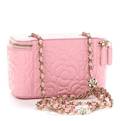 Chanel Lambskin Camellia Embossed Small Vanity Case With Chain Pink 3 of 10