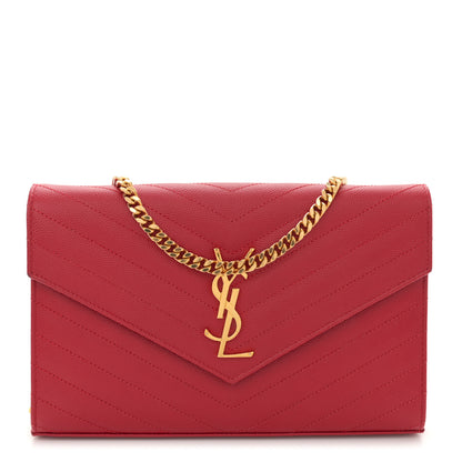 Saint Laurent Grain De Poudre Matelasse Chevron Monogram Chain Wallet Red 1 of 13