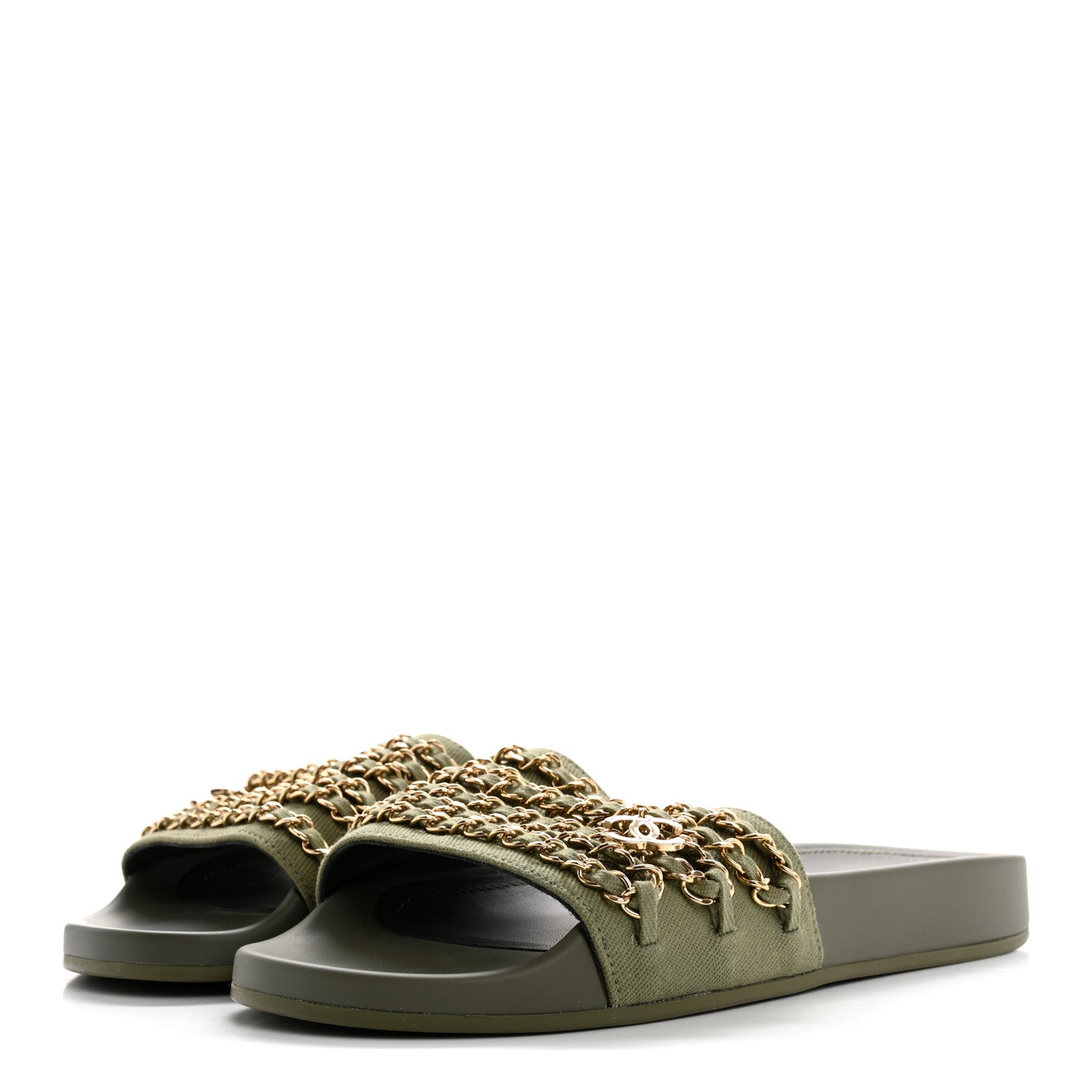 Chanel Satin Canvas Chain Slides Sandals Flats 38 Khaki 4 of 9