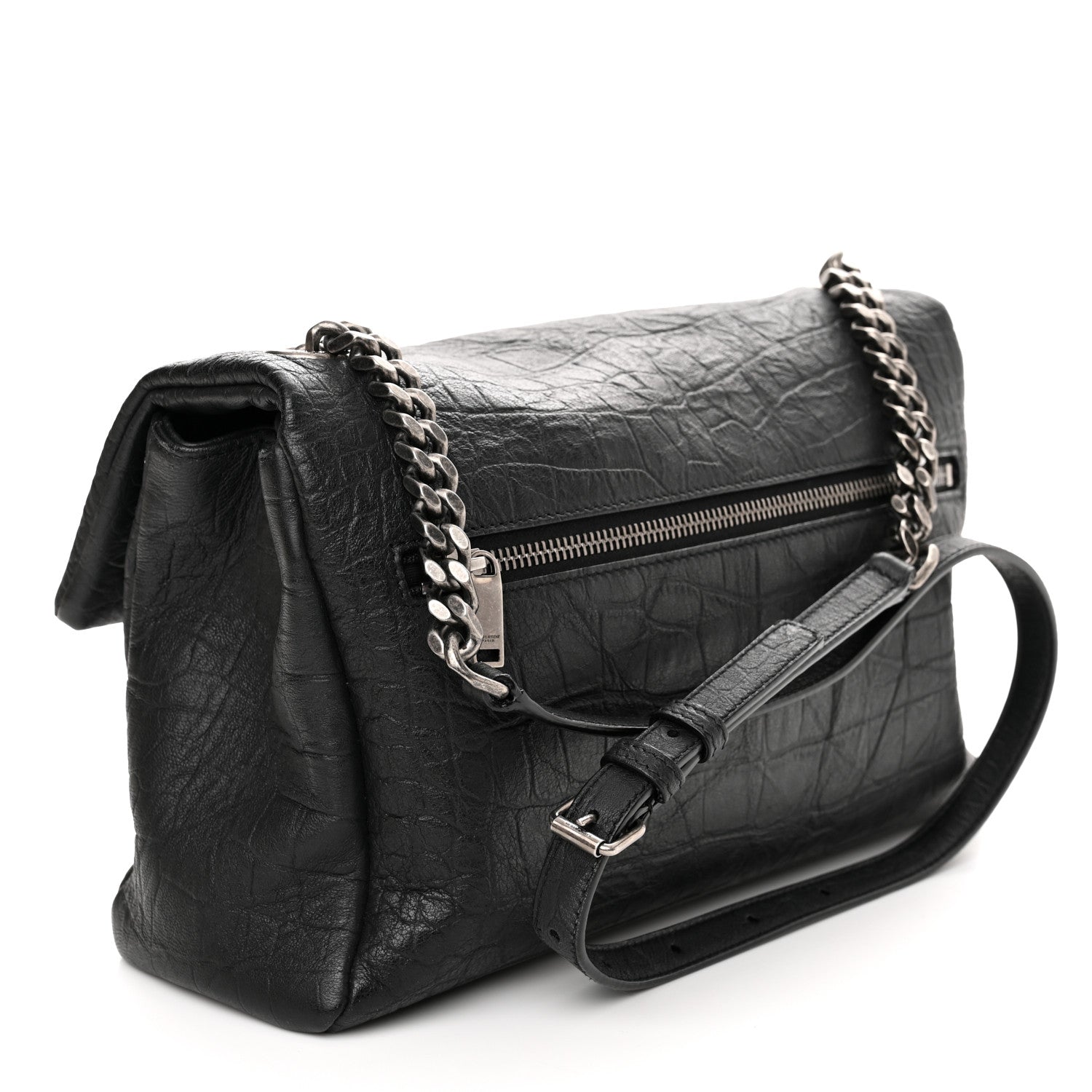 Saint Laurent Calfskin Crocodile Embossed Medium West Hollywood Monogram Fold-Over Black 3 of 11