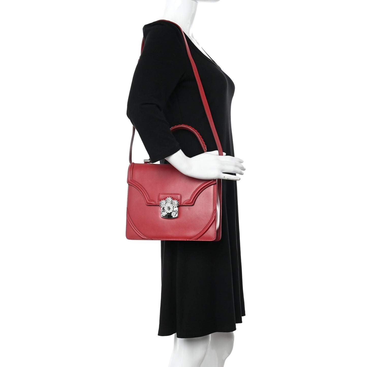 Calfskin Crystal Chain Flower Satchel Red