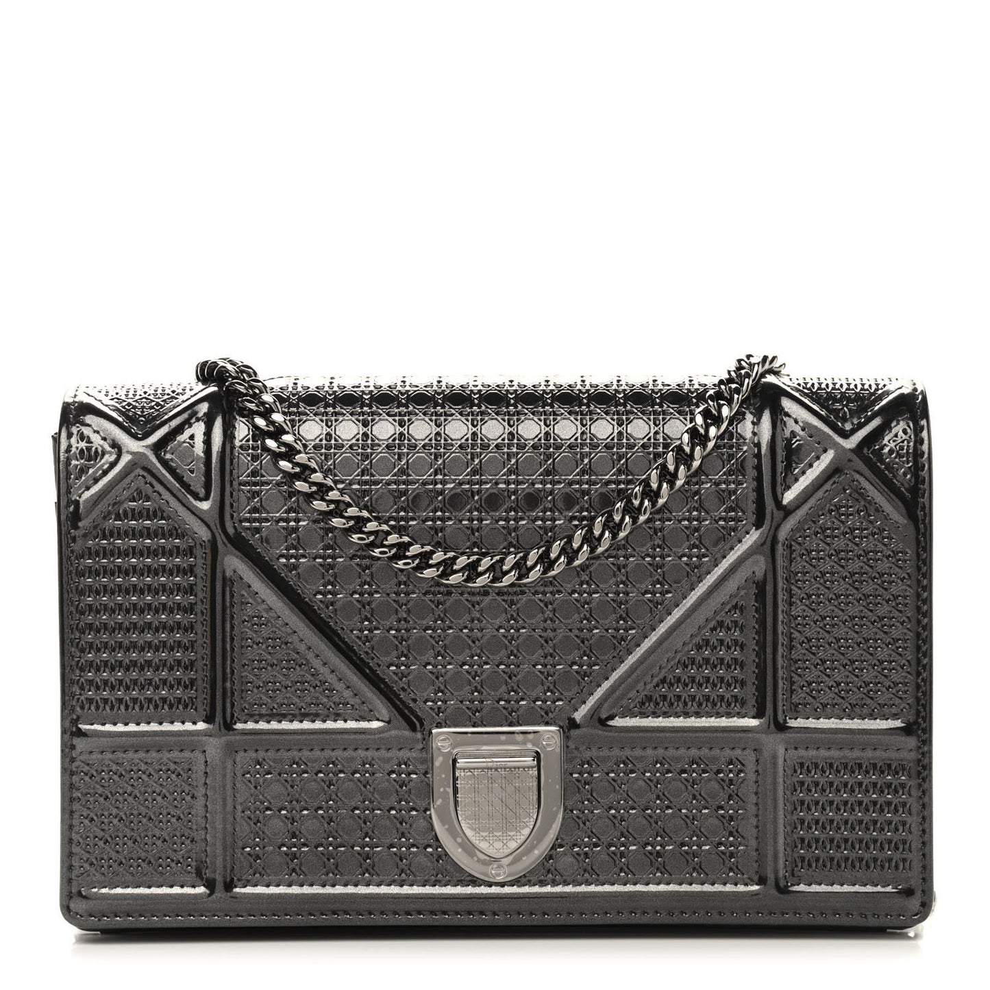 Metallic Patent Micro-Cannage Diorama Wallet on Chain Pouch Black