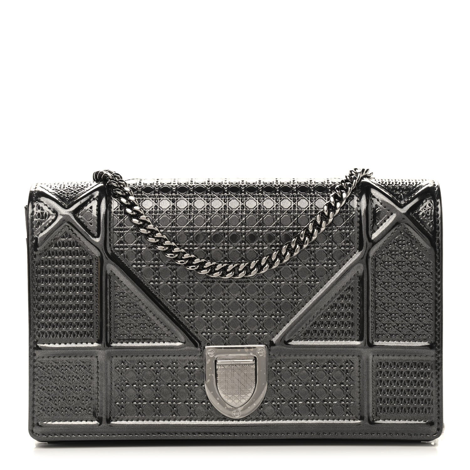 Christian Dior Metallic Patent Micro-Cannage Diorama Wallet on Chain Pouch Black 1 of 8