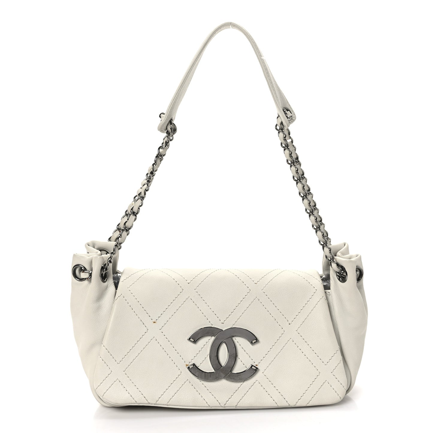 Calfskin Diamond Stitch Accordion Flap White