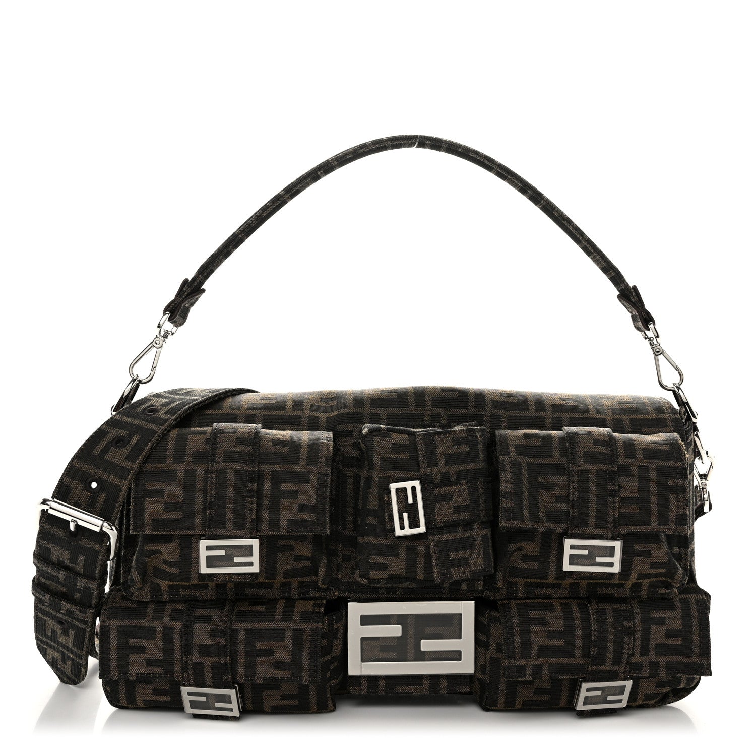 Fendi Fabric Jacquard FF 1974 Maxi Multipocket Baguette Tobacco Moro Black 1 of 11