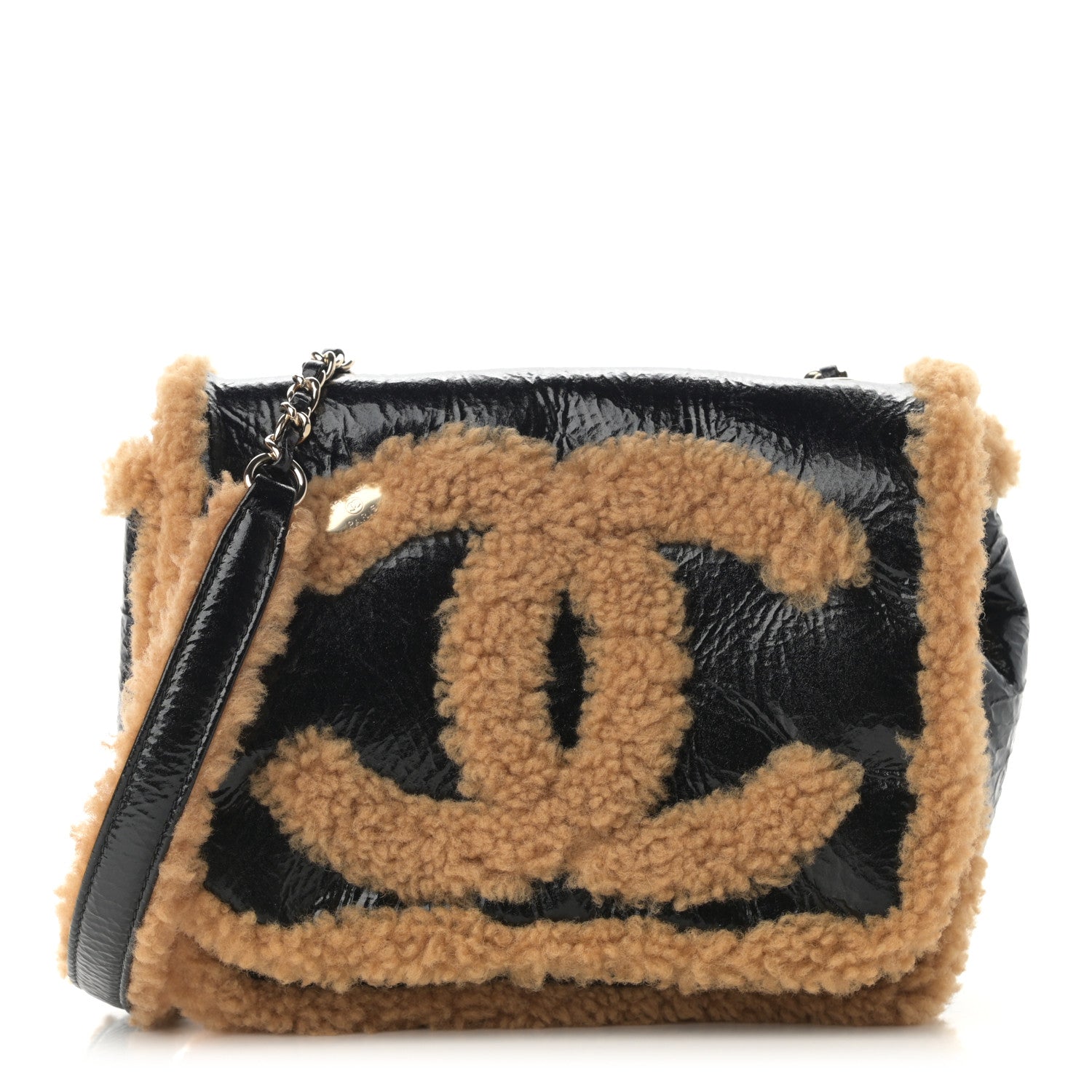 Chanel Shiny Crumpled Sheepskin Shearling CC Mania Flap Bag Black Beige 1 of 12