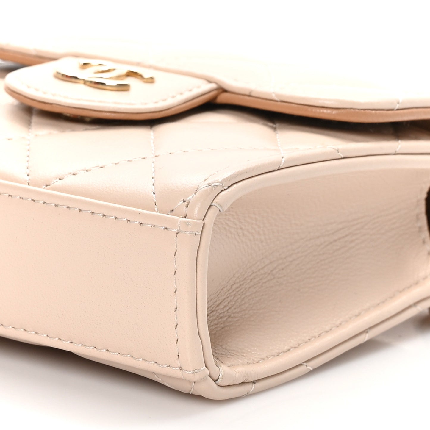 Lambskin Quilted Bi-Color Top Handle Clutch With Chain Beige Brown