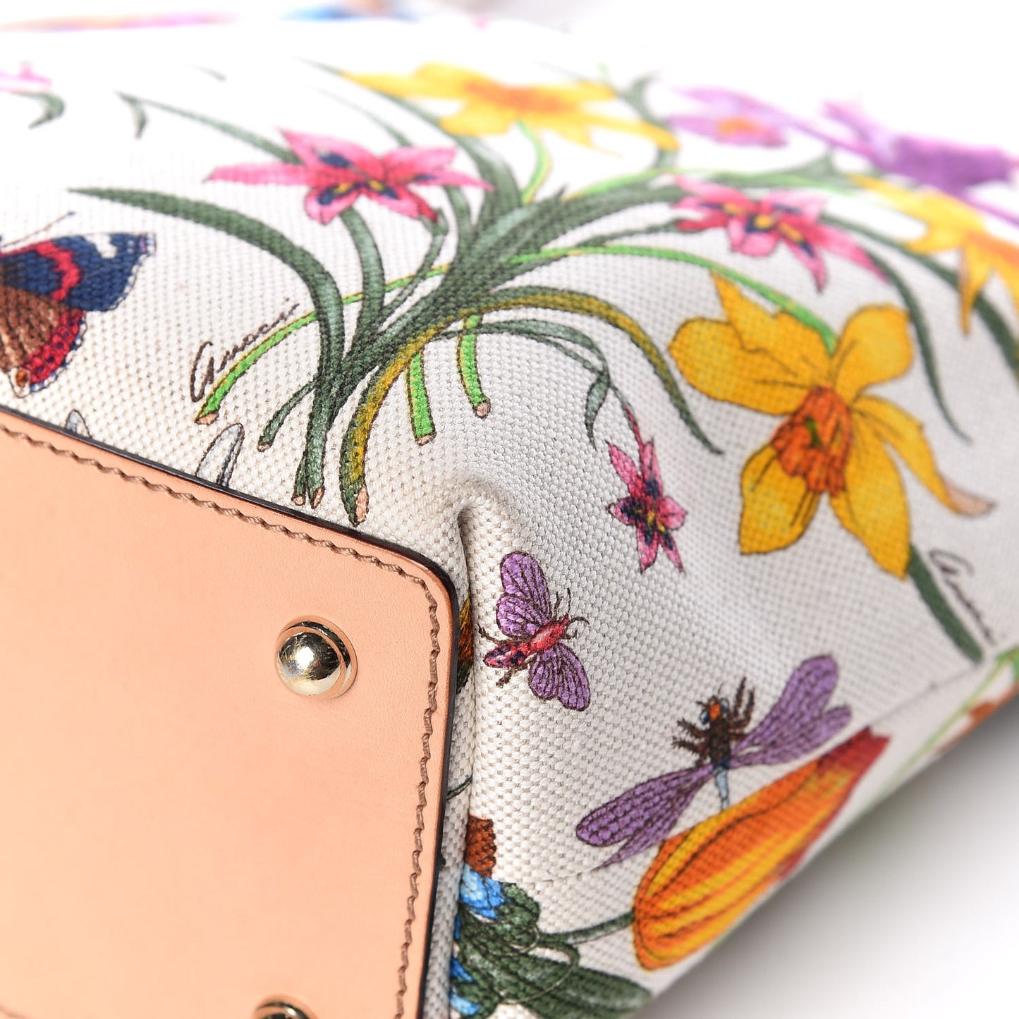 Canvas Floral Flora Bamboo Handle Bag White