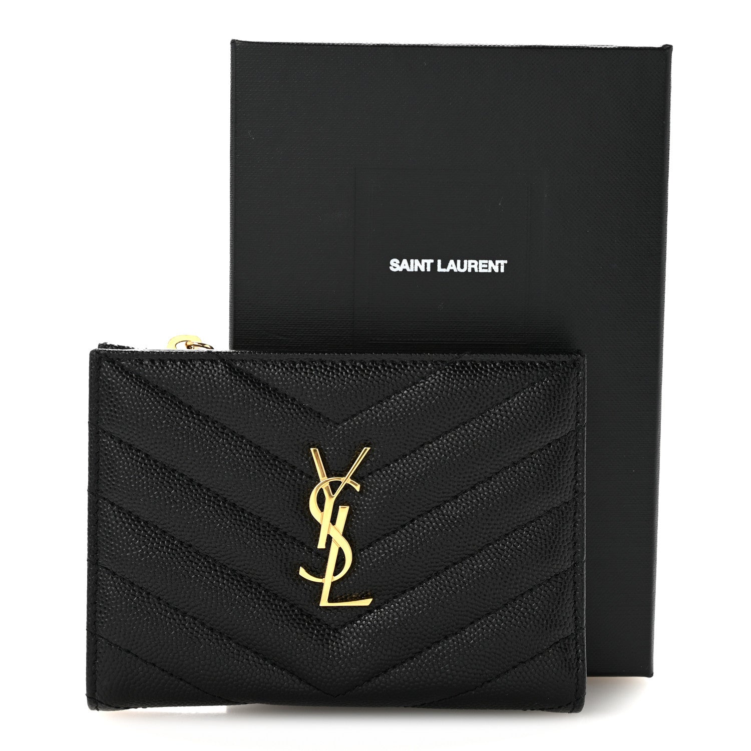 Saint Laurent Grain De Poudre Matelasse Chevron Monogram Zipped Two-Part Wallet Black 11 of 11