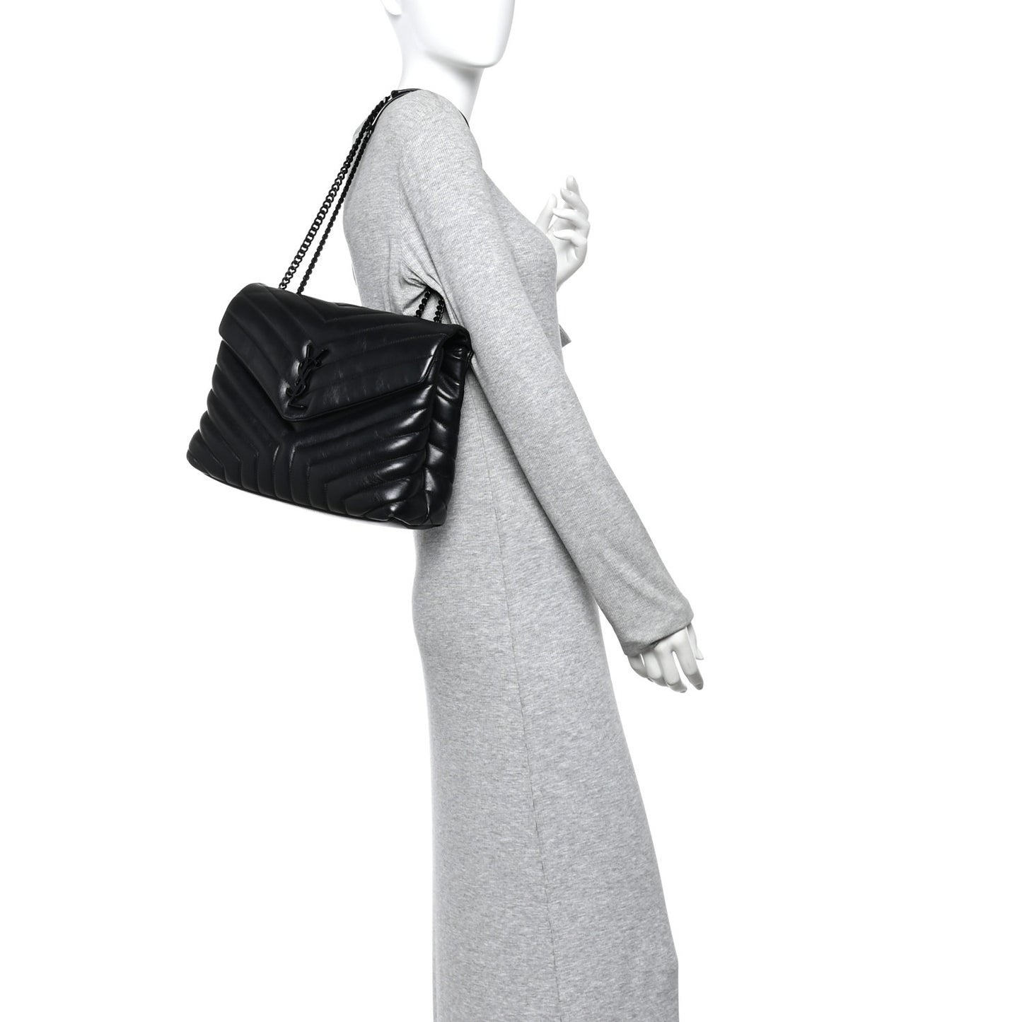 Calfskin Y Quilted Monogram Monochrome Medium Loulou Chain Satchel Black Black