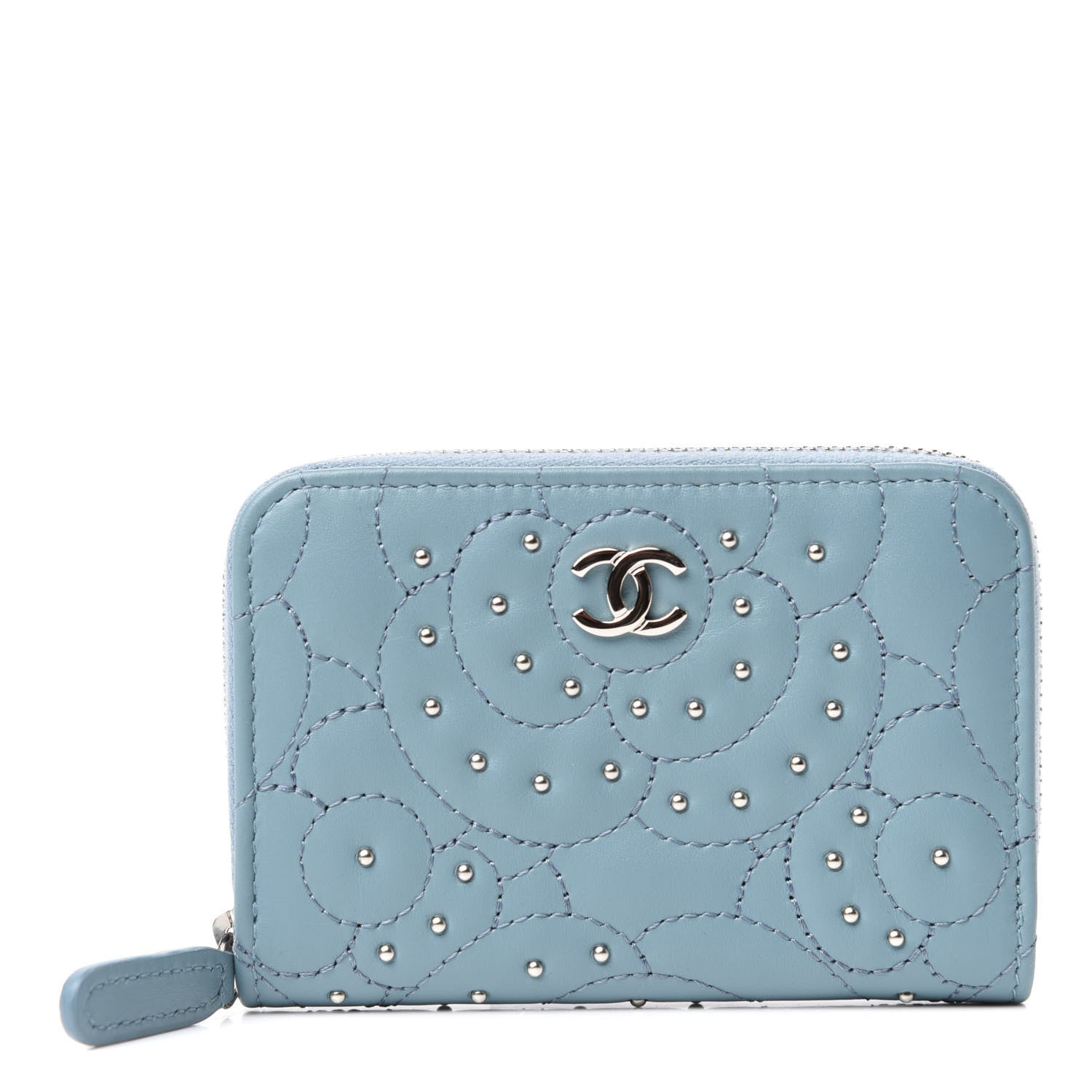 Chanel Lambskin Camellia Embossed Studded Zip Coin Purse Blue 1 of 8