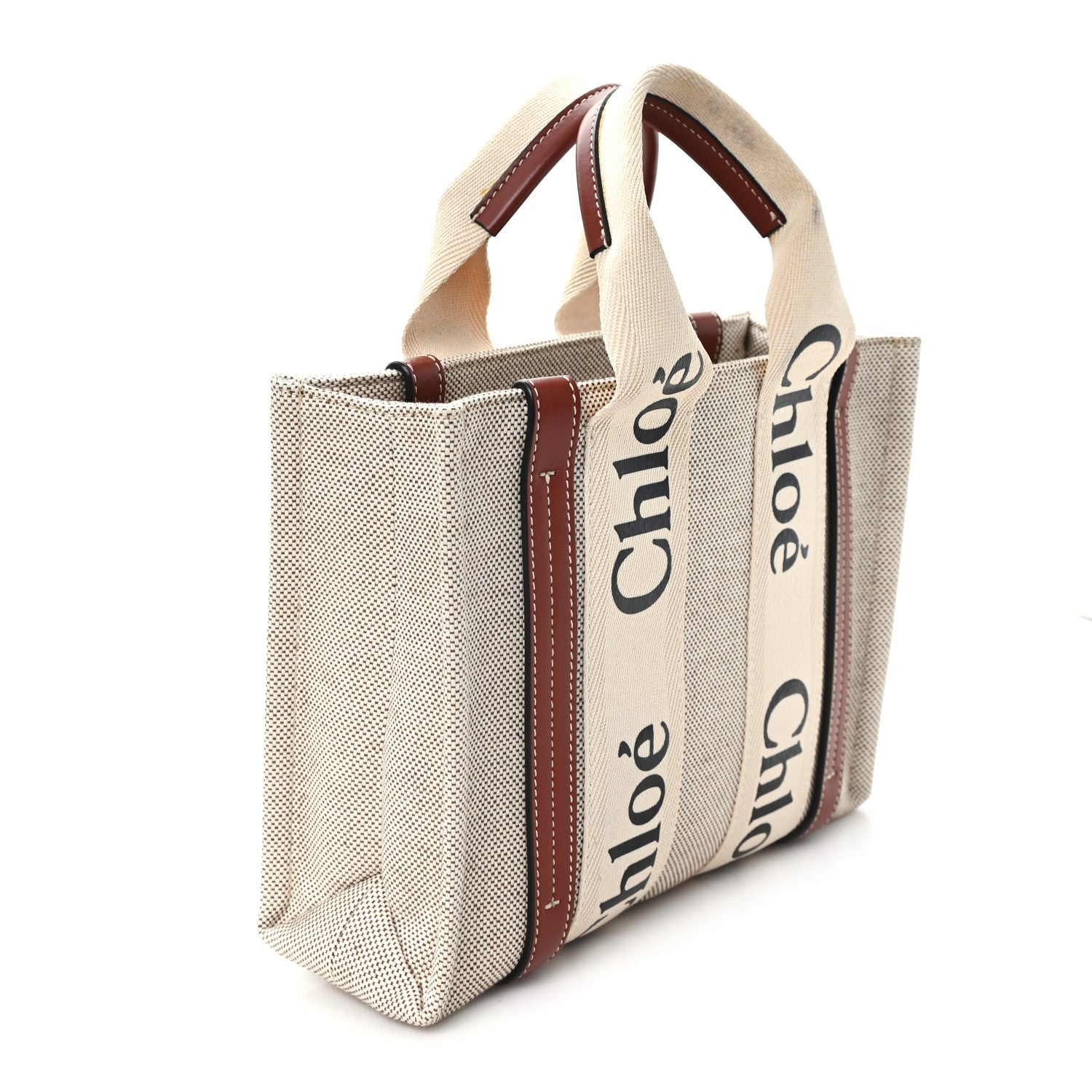 Chloe Linen Calfskin Small Woody Ribbon Tote With Strap White Brown 3 of 11