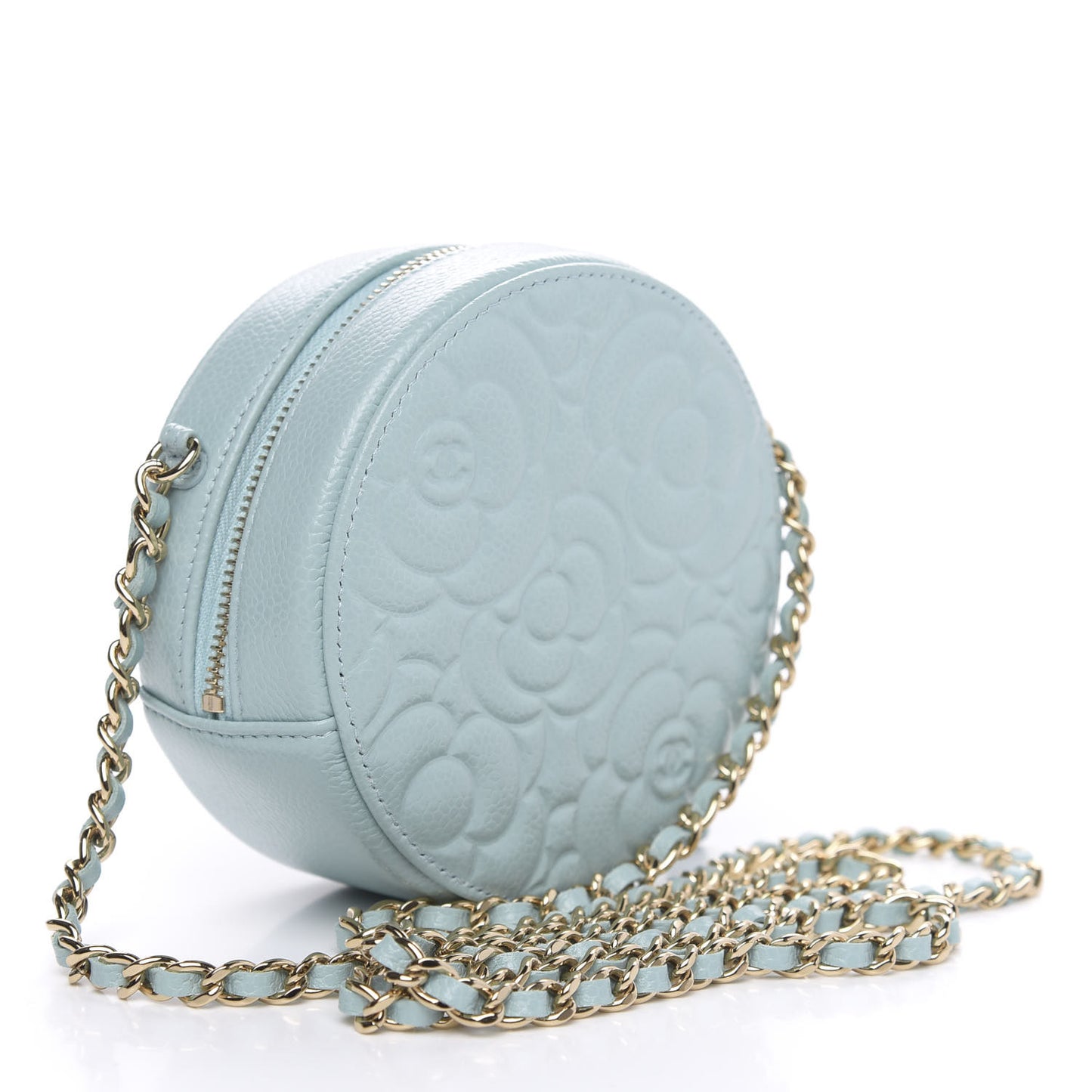 Caviar Camellia Embossed Round Clutch With Chain Light Blue