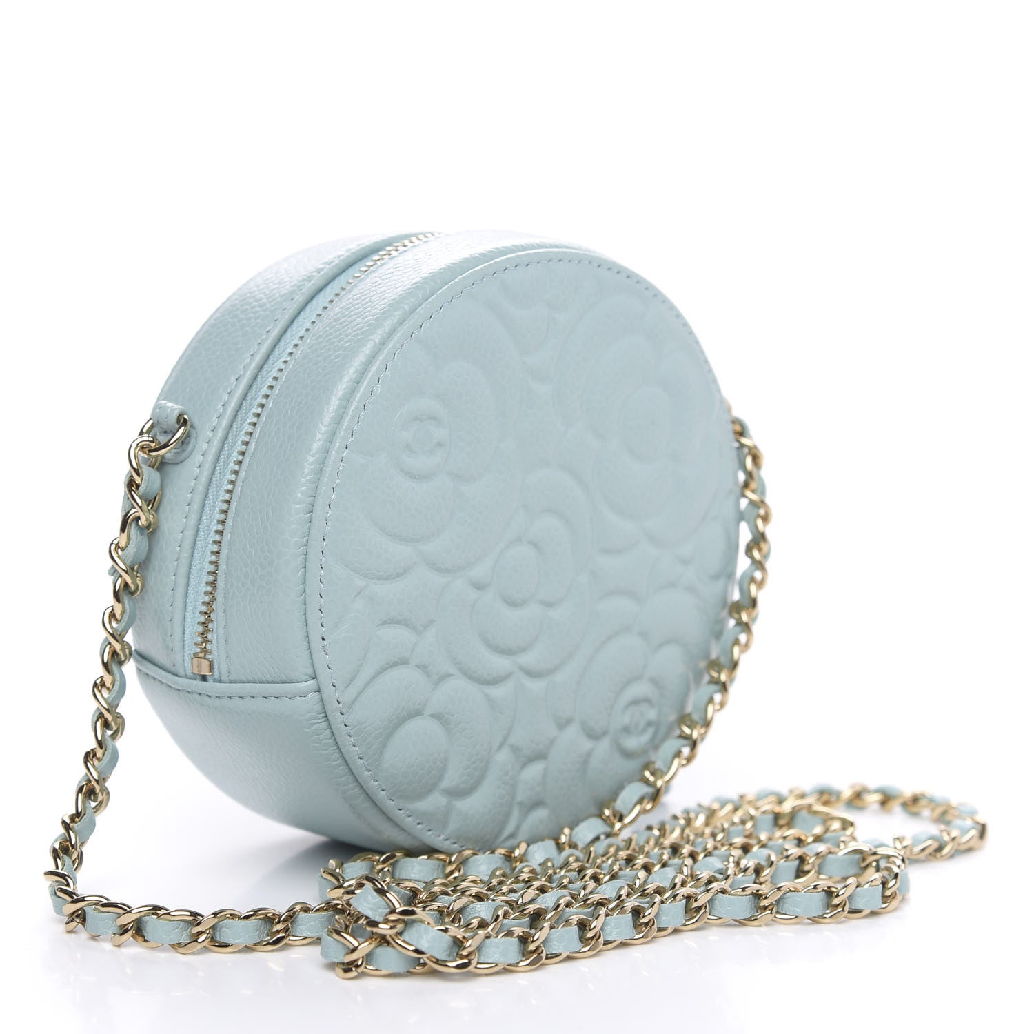 Chanel Caviar Camellia Embossed Round Clutch With Chain Light Blue 3 of 10