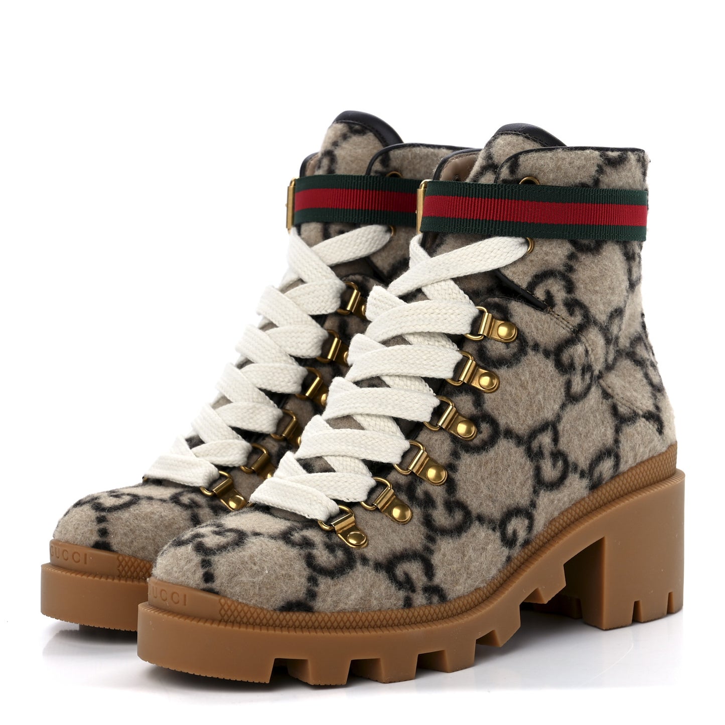Covered Wool GG Monogram Womens Lace Up Combat Ankle Boots 35.5 Beige Ebony Cocoa