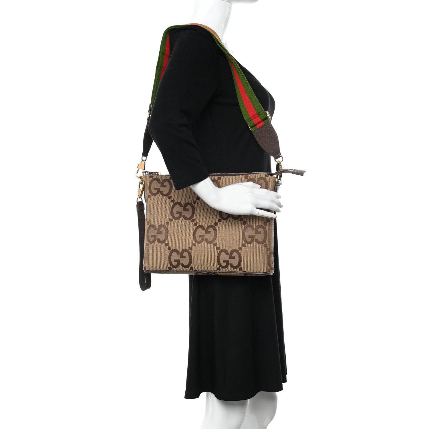 Gucci Monogram Jumbo GG Textured Dollar Calfskin Web Wristlet Messenger Bag Camel Ebony New Acero 2 of 10