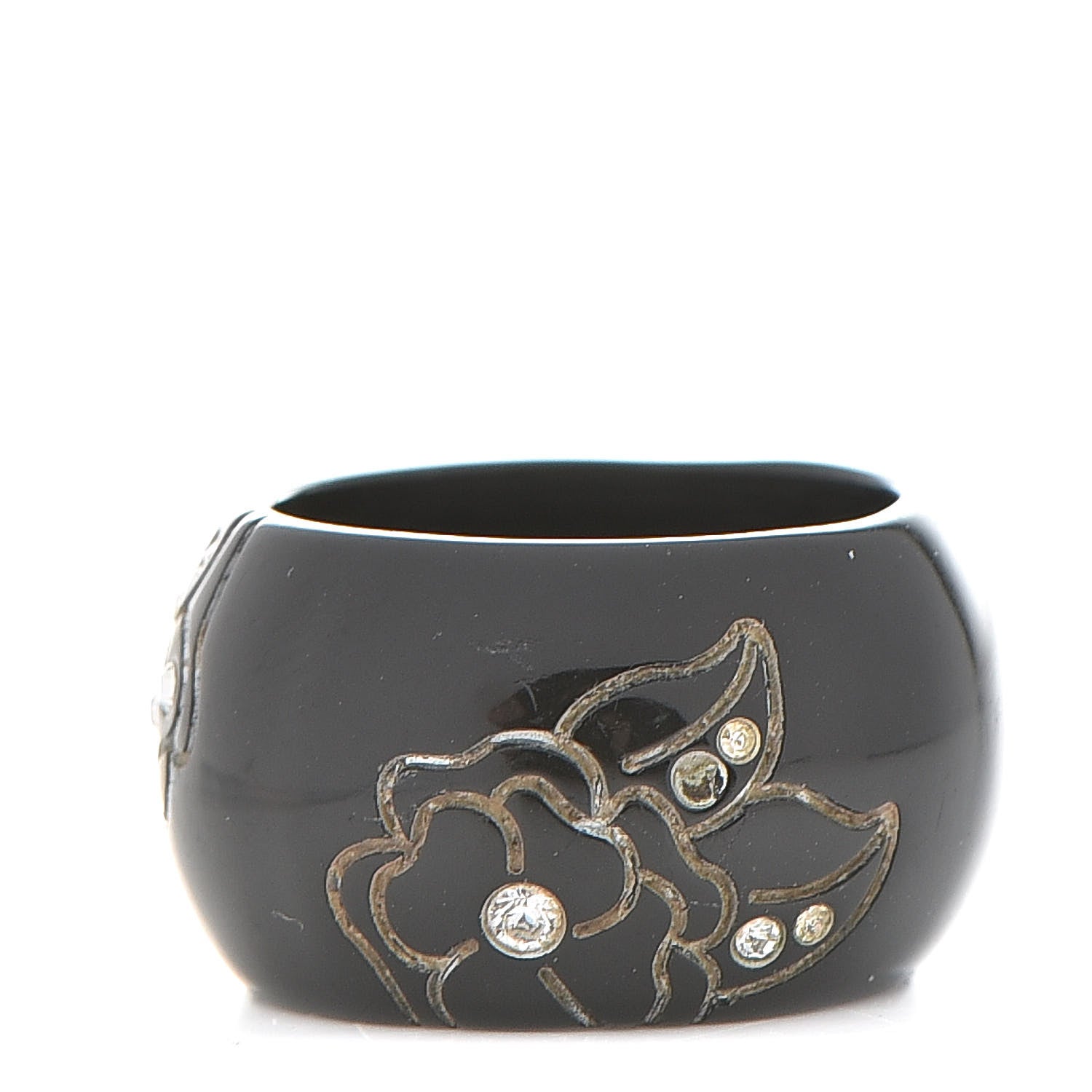 Chanel Resin Crystal CC Camellia Ring 6.5 Black 3 of 6