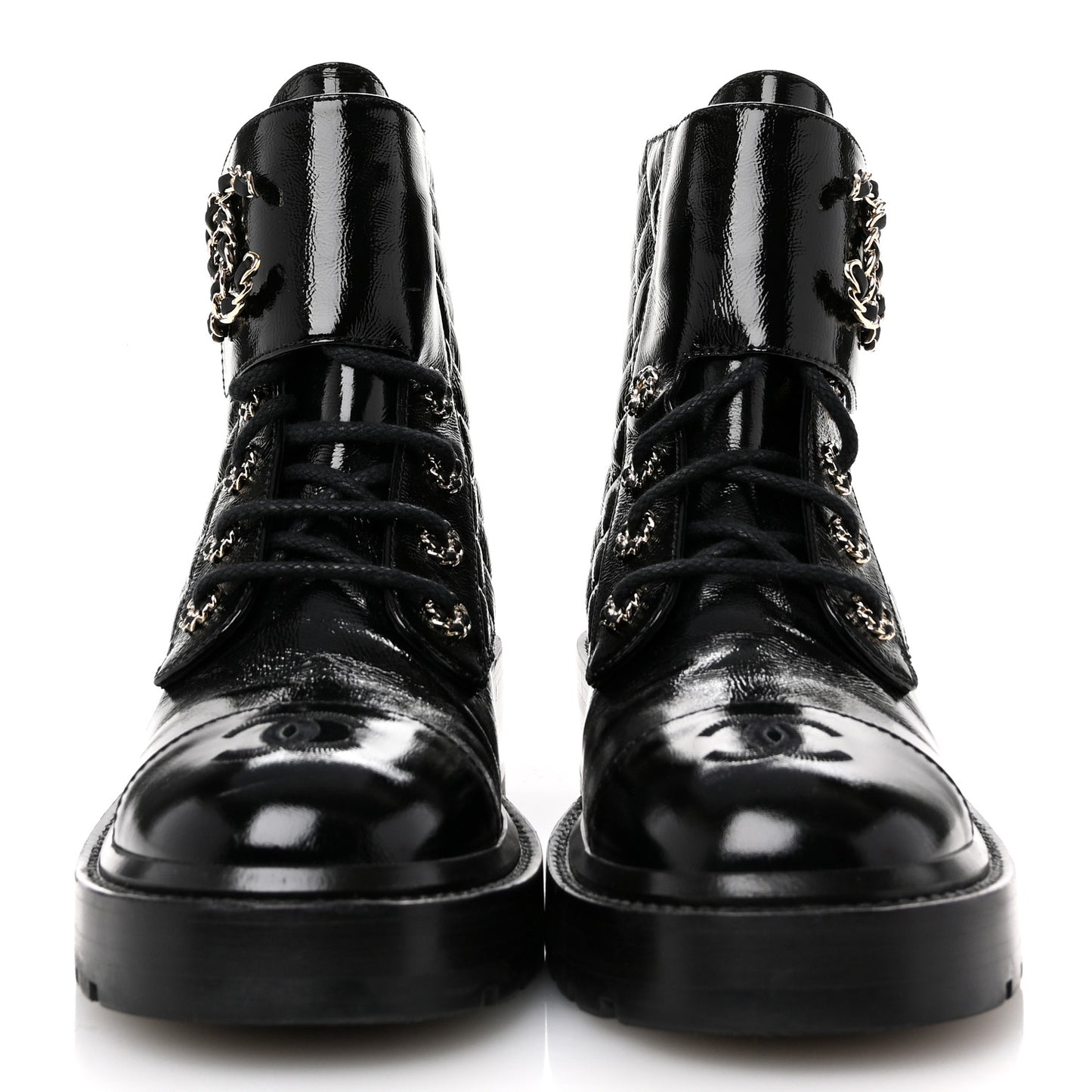 Shiny Lambskin Quilted Lace Up Combat Boots 37.5 Black
