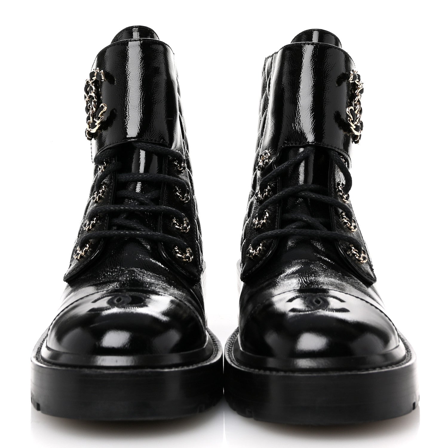 Chanel Shiny Lambskin Quilted Lace Up Combat Boots 37.5 Black 3 of 10
