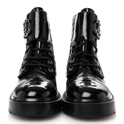 Chanel Shiny Lambskin Quilted Lace Up Combat Boots 37.5 Black 3 of 10