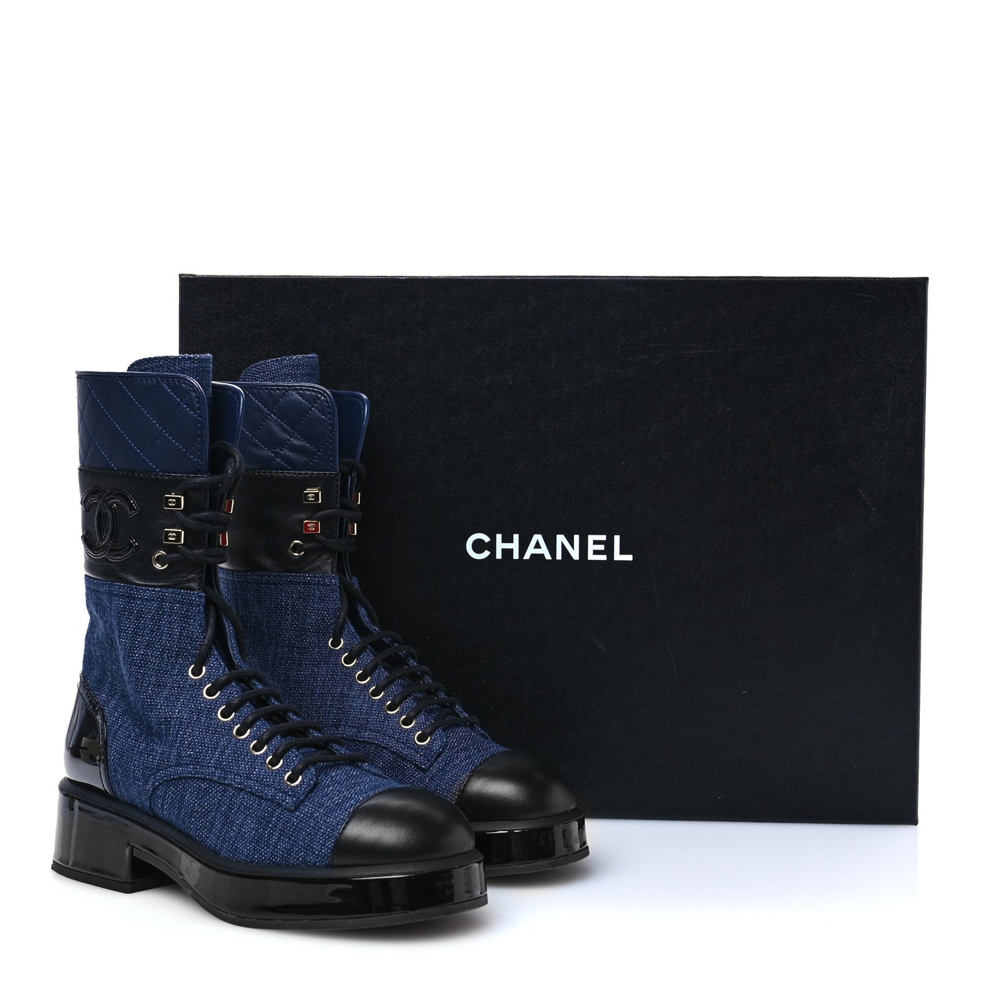 Denim Patent Lambskin Quilted CC Lace Up Combat Boots 37.5 Blue Black