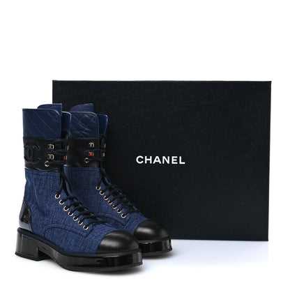 Chanel Denim Patent Lambskin Quilted CC Lace Up Combat Boots 37.5 Blue Black 8 of 8