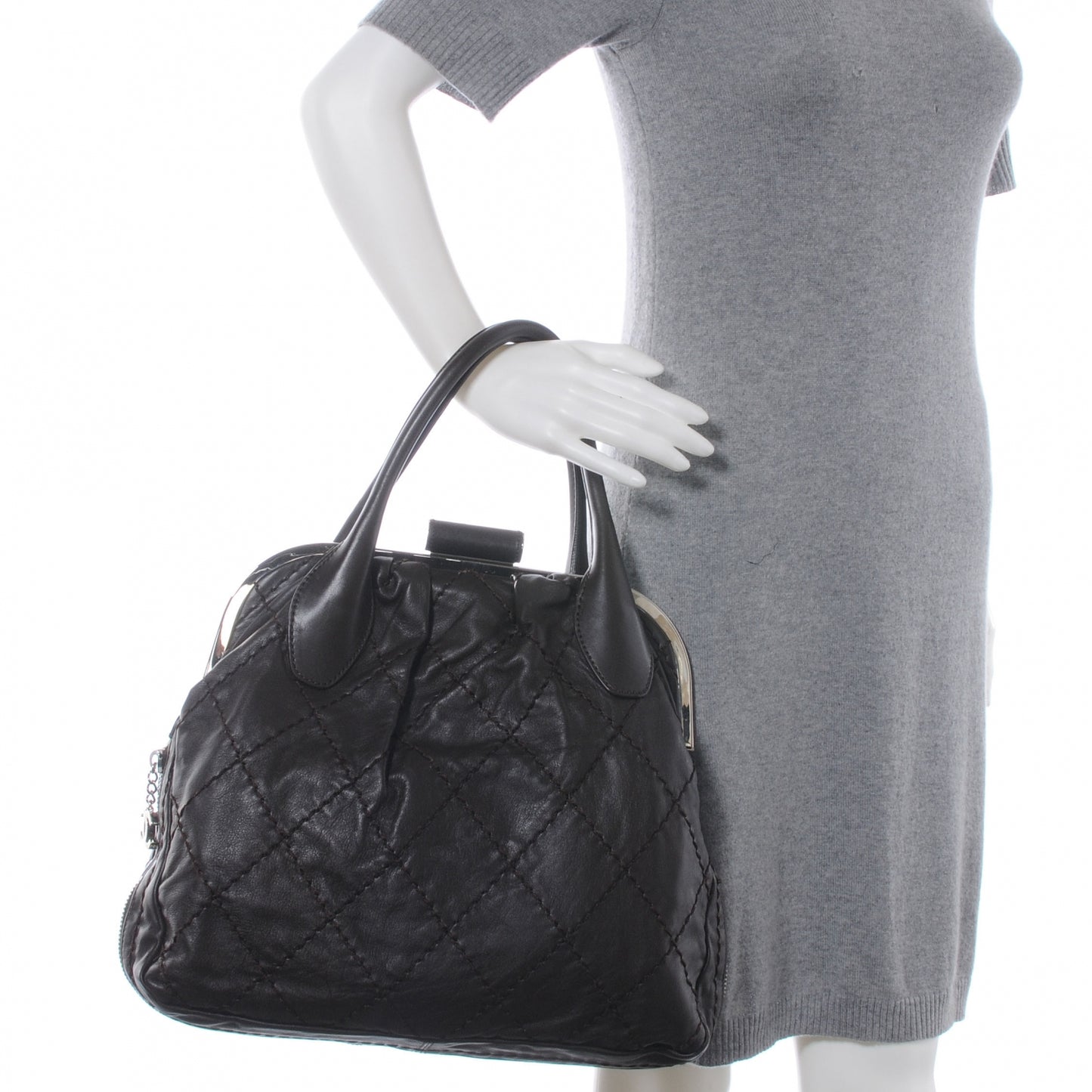 Lambskin Expandable Stitched Frame Top Bag Dark Brown