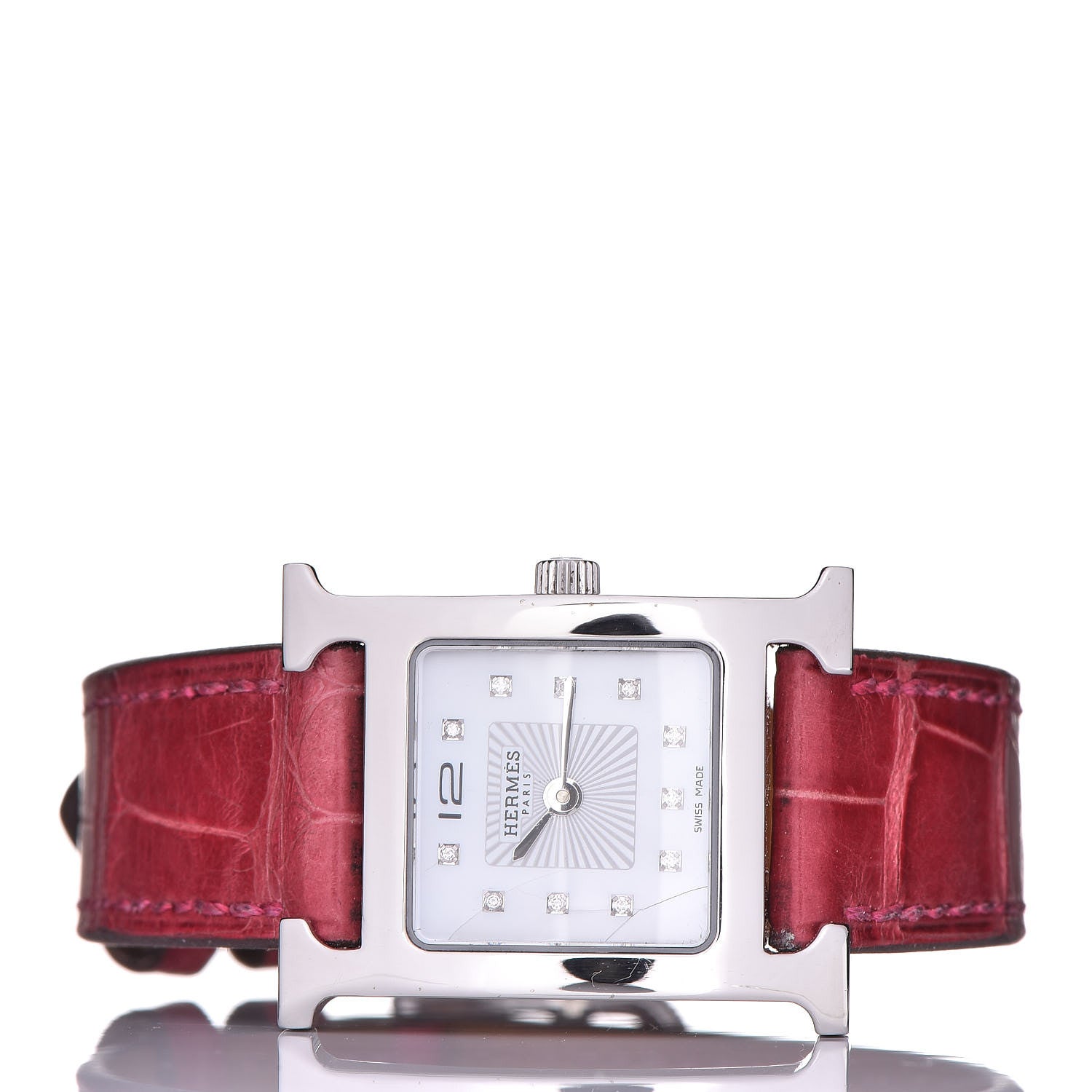 Hermes Stainless Steel Alligator Diamond Mother of Pearl 21mm Heure H Hour Quartz Watch Framboise 3 of 10