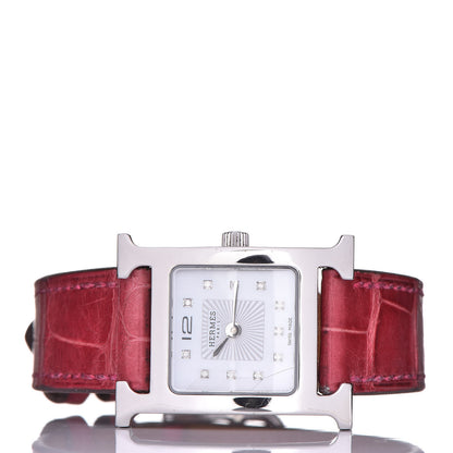 Hermes Stainless Steel Alligator Diamond Mother of Pearl 21mm Heure H Hour Quartz Watch Framboise 3 of 10