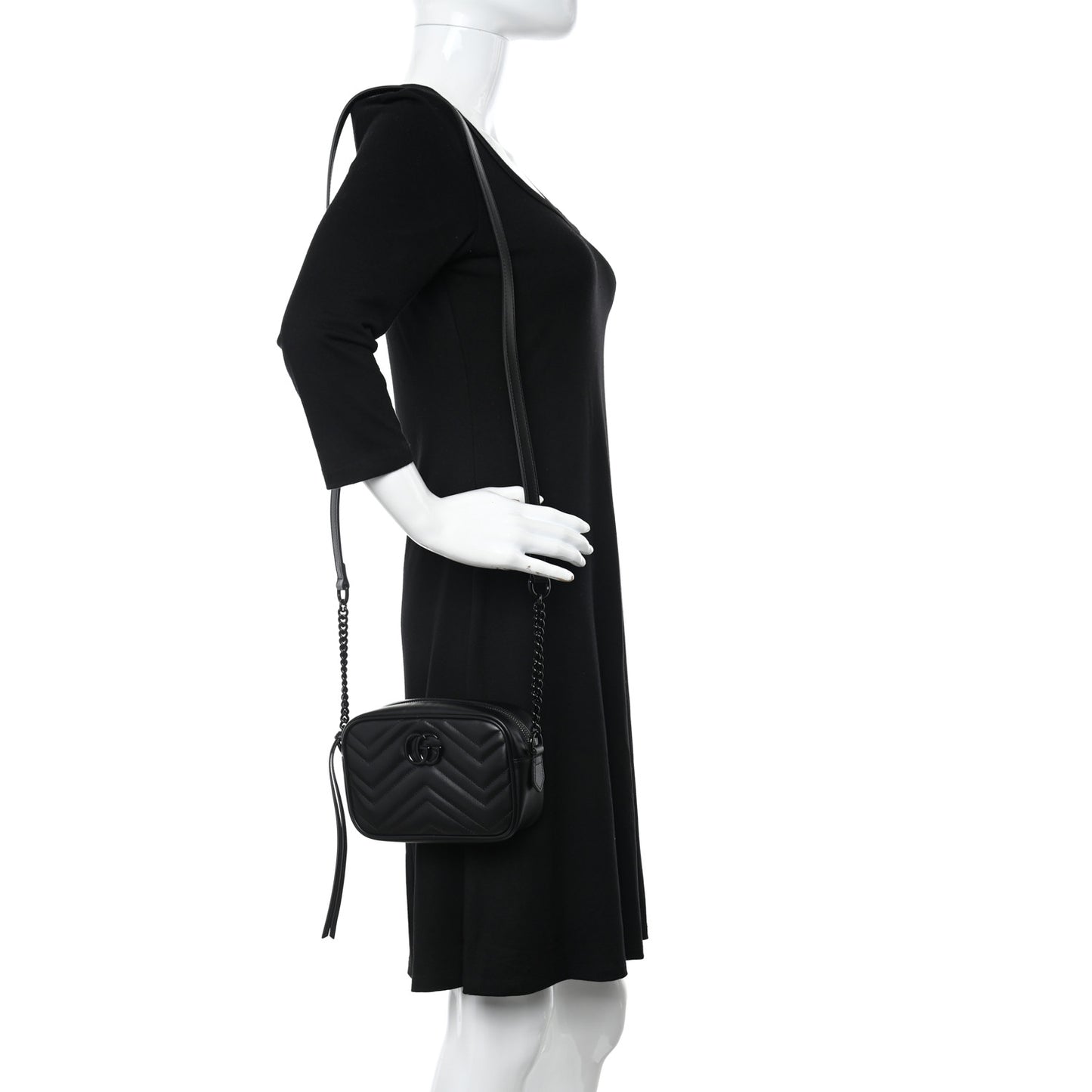 Calfskin Matelasse Monochrome Mini GG Marmont Chain Shoulder Bag Black