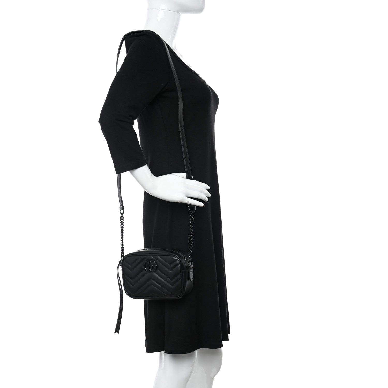 Gucci Calfskin Matelasse Monochrome Mini GG Marmont Chain Shoulder Bag Black 2 of 14