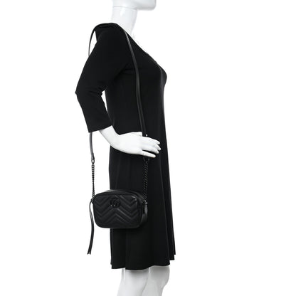 Gucci Calfskin Matelasse Monochrome Mini GG Marmont Chain Shoulder Bag Black 2 of 14