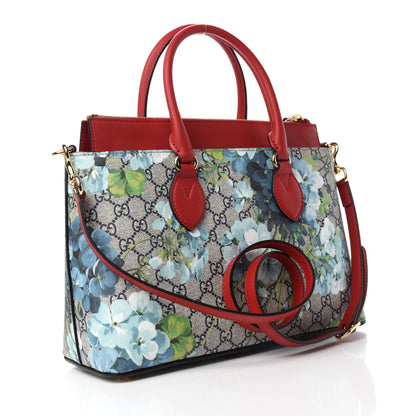 Gucci GG Supreme Monogram Blooms Medium Zip Top Tote Beige Blue Navy Hibiscus Red 3 of 10