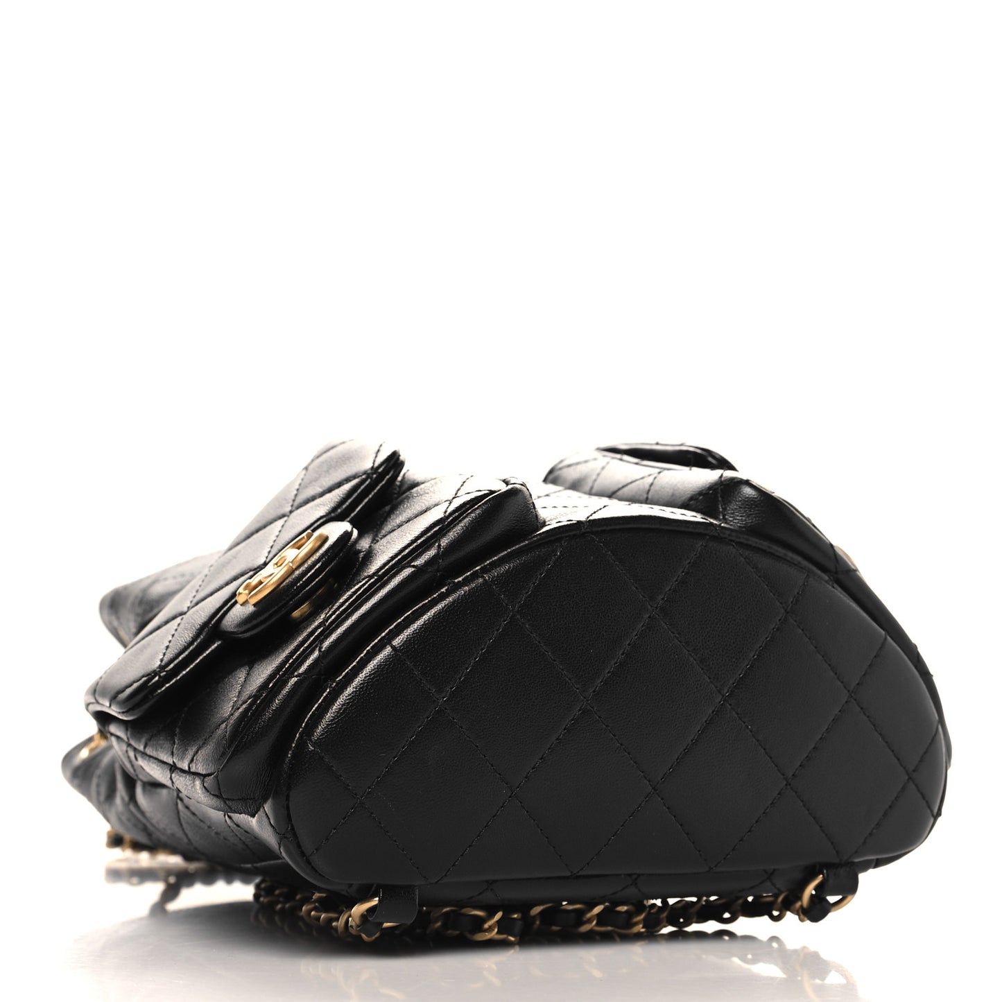 Shiny Lambskin Quilted Double Pocket Backpack Black