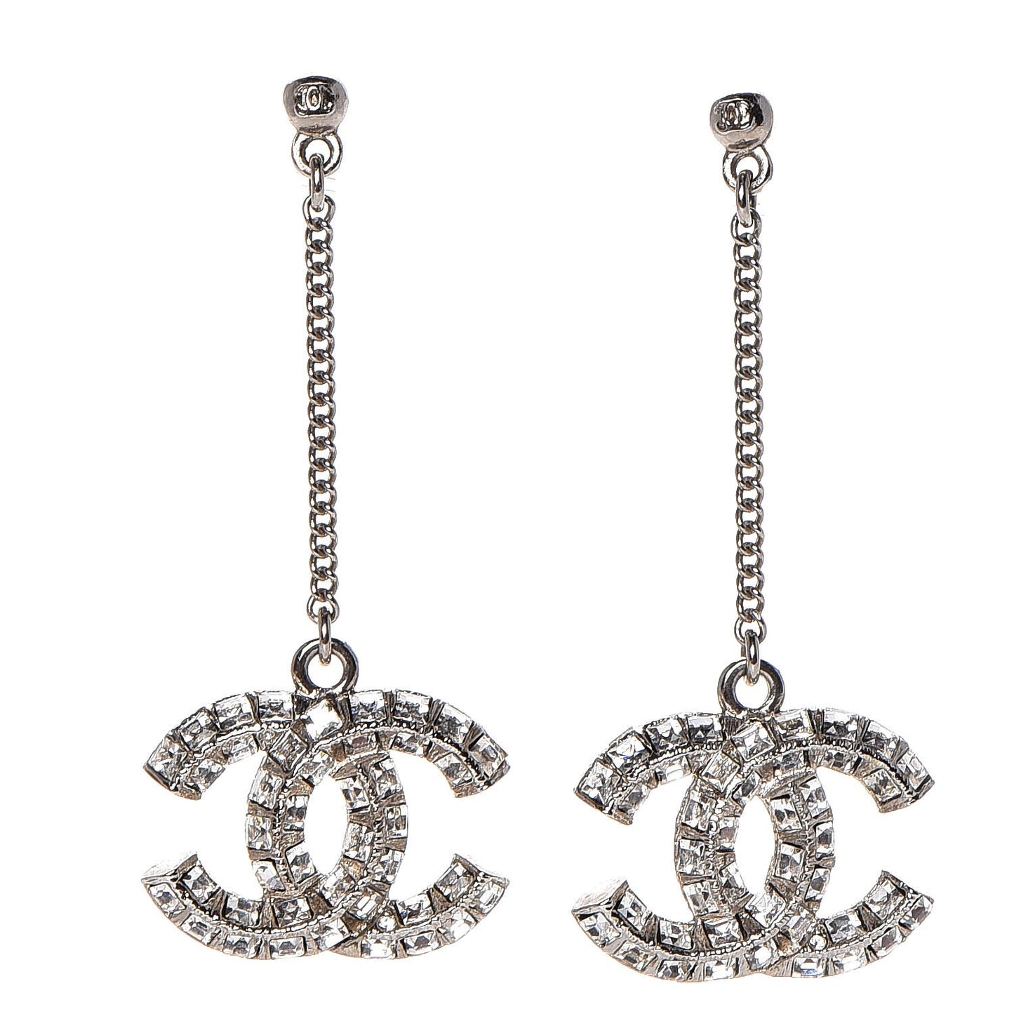 Baguette Crystal CC Drop Earrings Silver