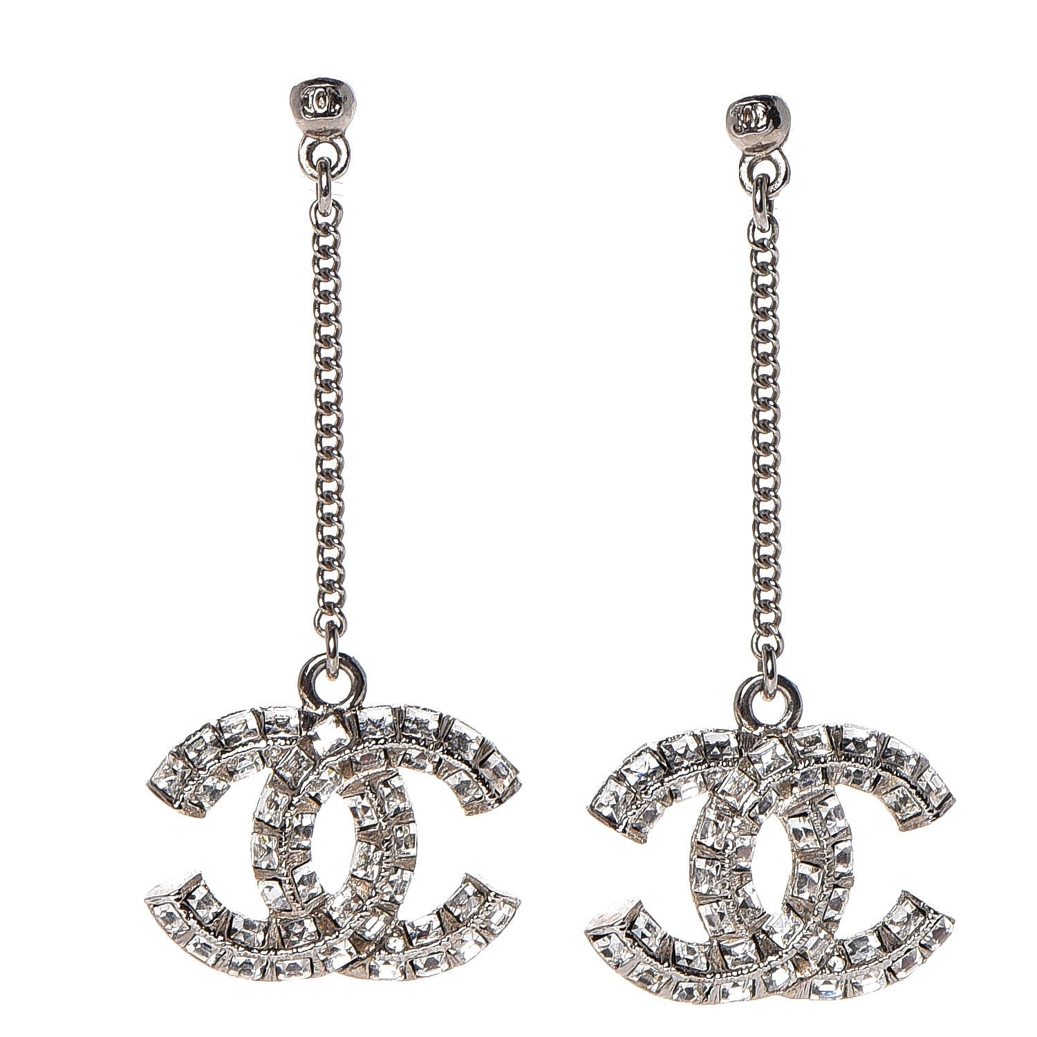 Chanel Baguette Crystal CC Drop Earrings Silver 1 of 4