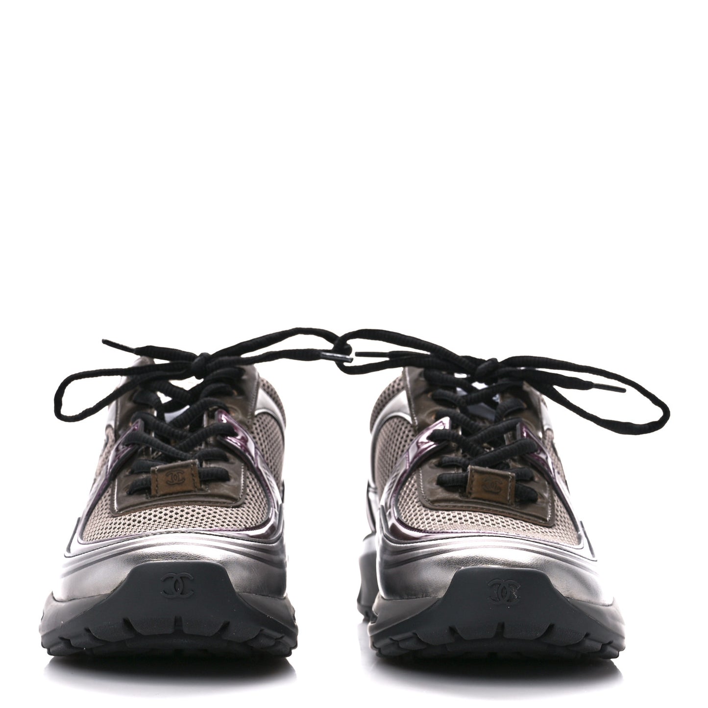 Fabric Laminated Calfskin Stretch CC Womens Sneakers 38.5 Khaki Silver Dark Purple