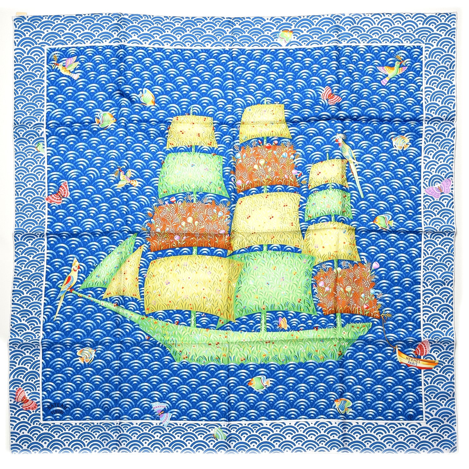 Hermes Silk Bateau Fleuri Scarf 90 Bleu Vert Jaune 1 of 7