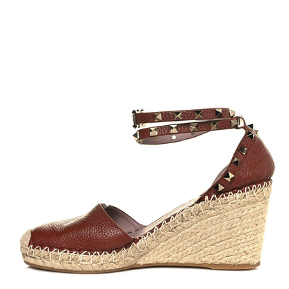 Valentino Garavani Grained Calfskin Rockstud Ankle Wrap Espadrille 15/85mm Wedges 39 Cuoio 1 of 7
