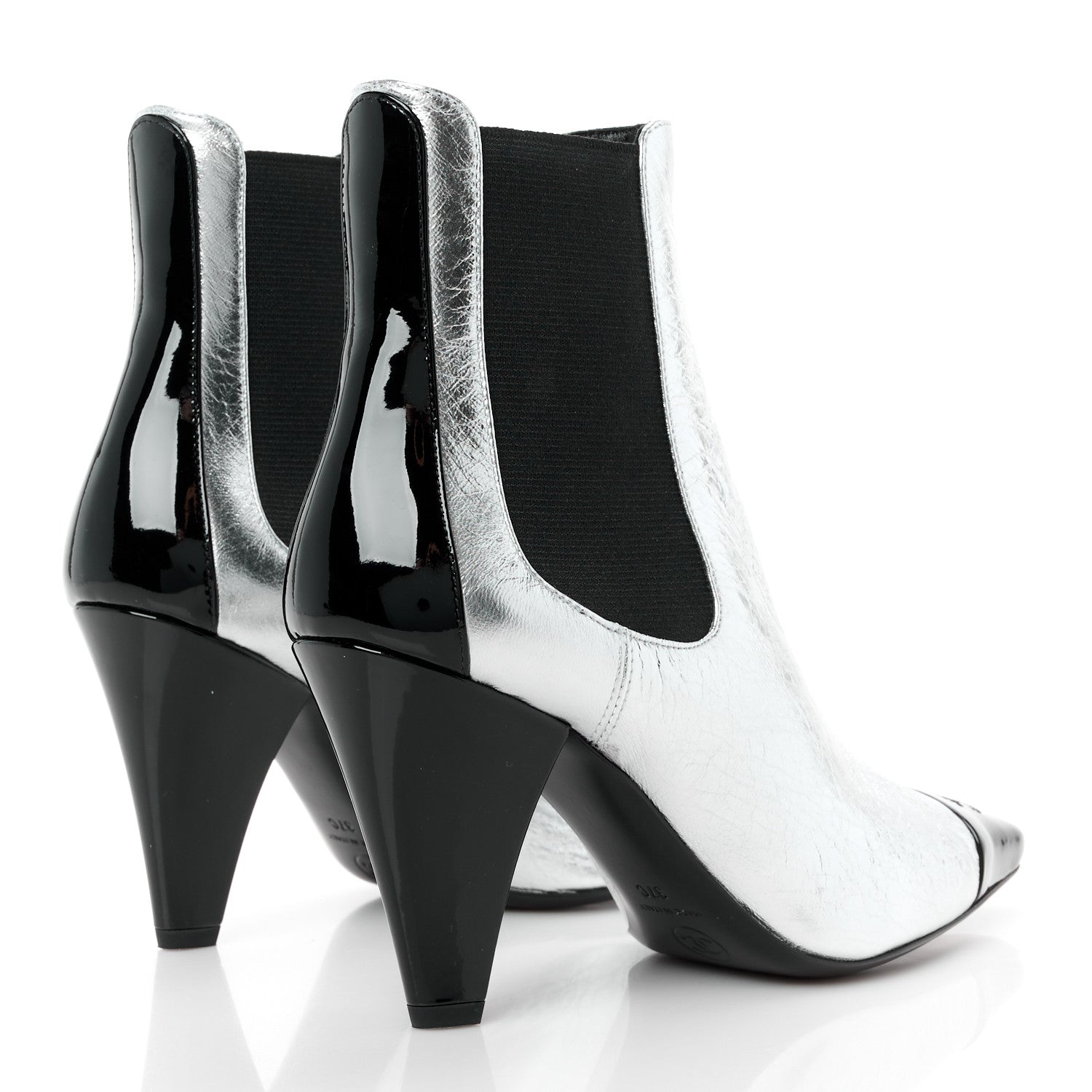Chanel Laminated Goatskin Patent CC Cap Toe Short Boots 36 Silver 4 of 9