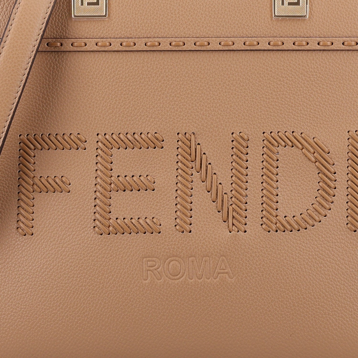 Fendi Vitello Santa Barbara Woven Logo Small Fendi Sunshine Shopper Tote Cappucino 8 of 10