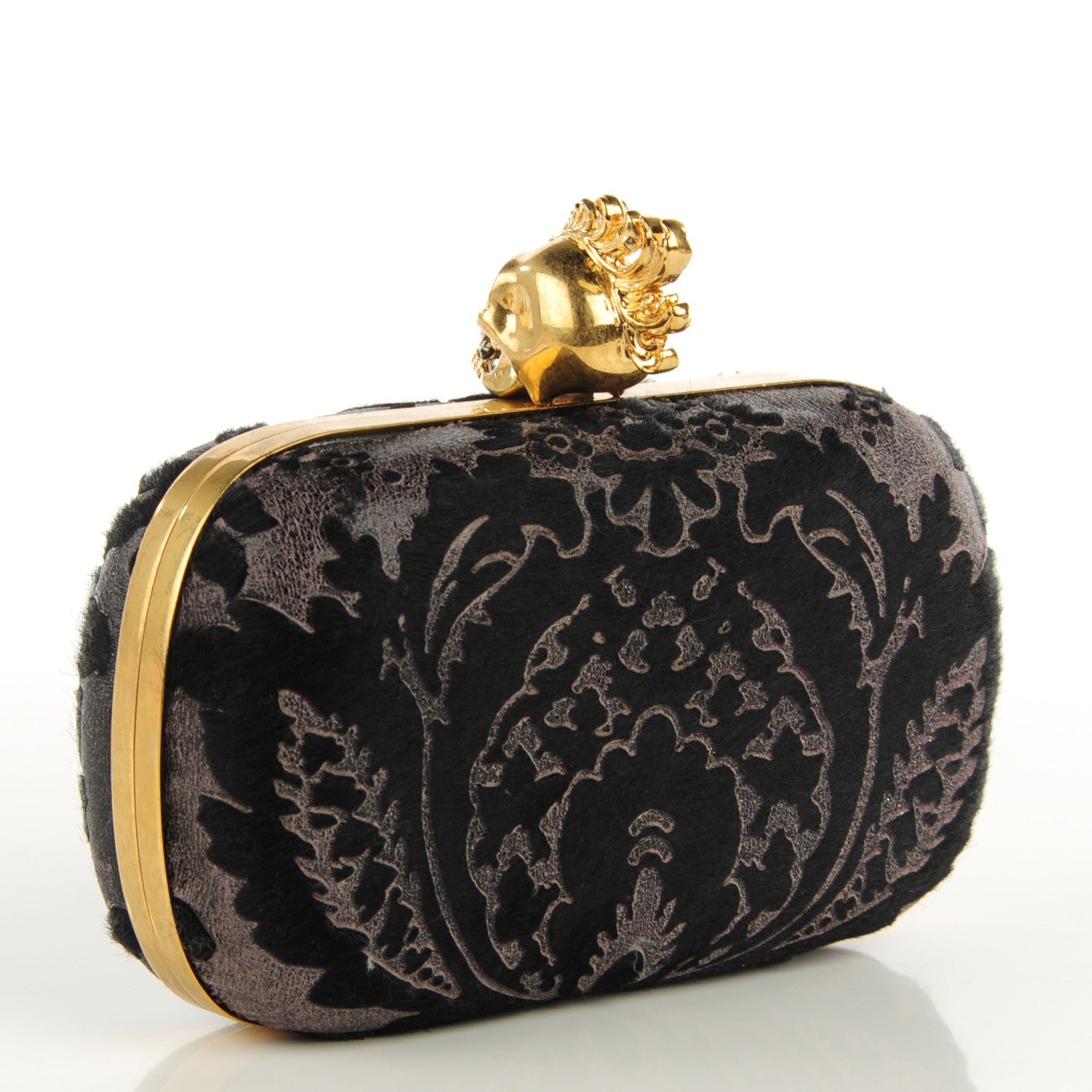Alexander McQueen Baroque Print Calf Hair Skull Box Clutch Black 3 of 6