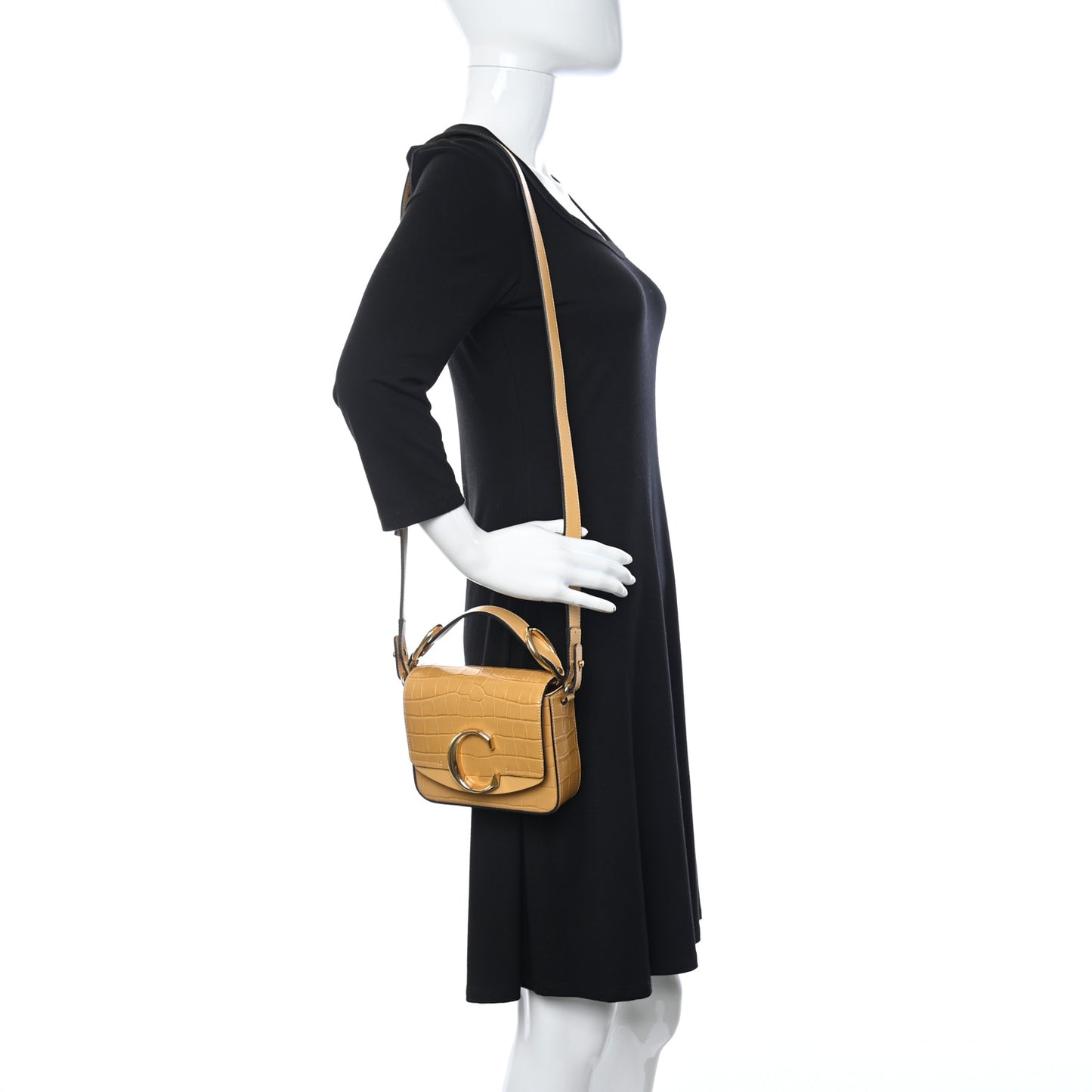 Calfskin Crocodile Embossed Mini C Double Carry Honey Gold