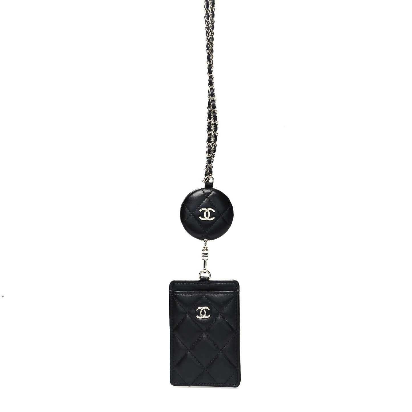 Lambskin Quilted Lanyard Card Holder On Chain Black