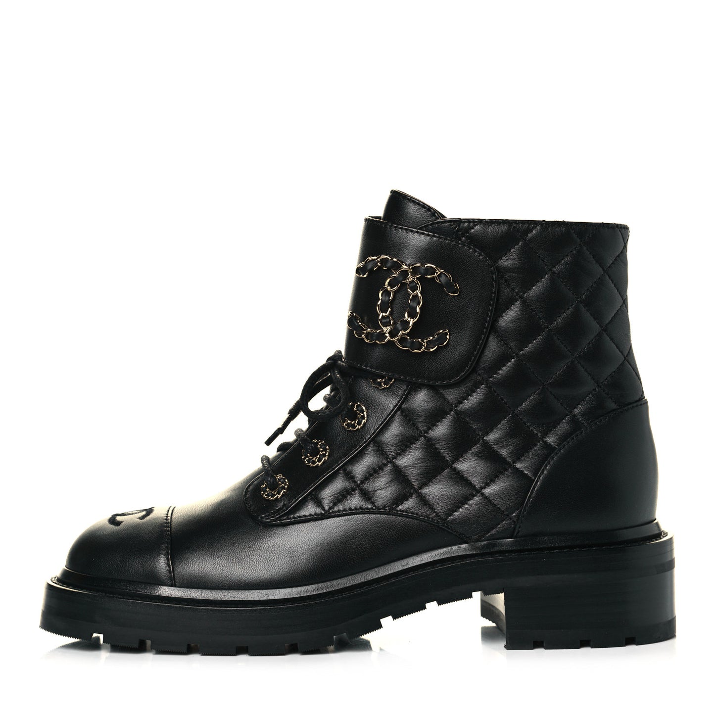 Shiny Lambskin Quilted Lace Up Combat Boots 39 Black