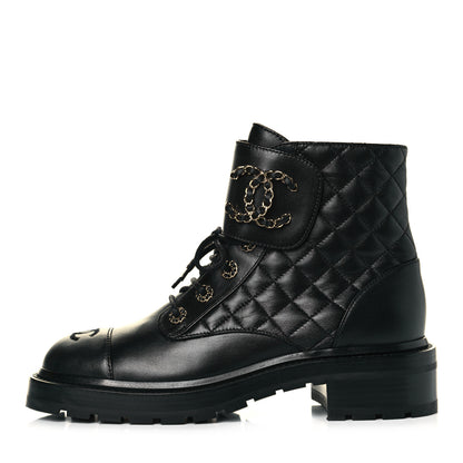 Chanel Shiny Lambskin Quilted Lace Up Combat Boots 39 Black 1 of 8
