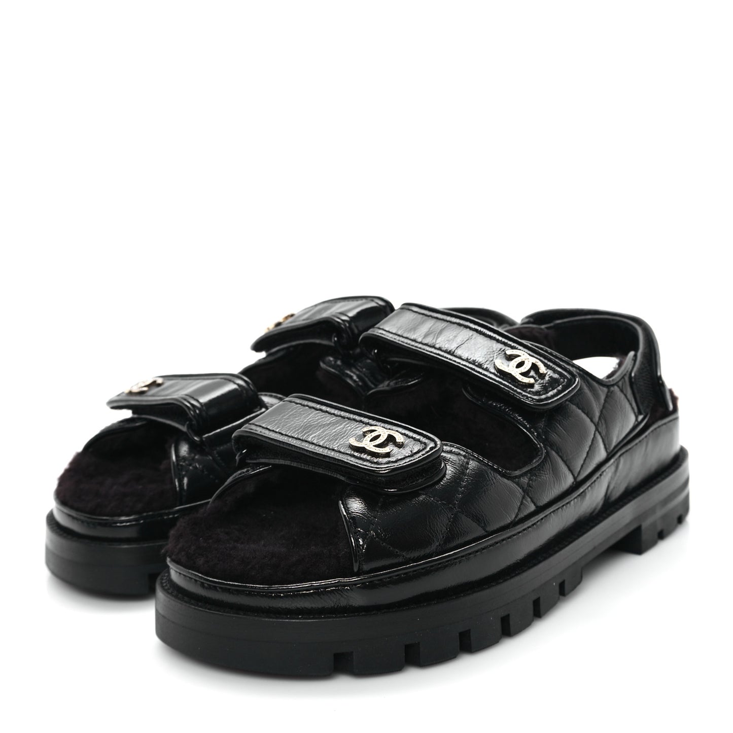 Laminated Lambskin Shearling Crystal CC Velcro Dad Platform Sandals 38 Black