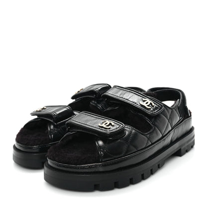 Chanel Laminated Lambskin Shearling Crystal CC Velcro Dad Platform Sandals 38 Black 4 of 11